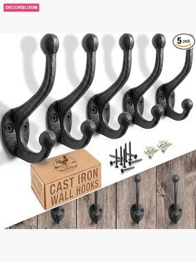 Rustic Cast Iron Coat Hooks 5 Pack Wall Mounted Farmhouse Decorative Hooks for
